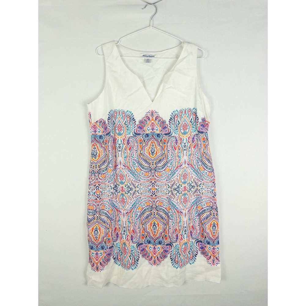 Tommy Bahama Linen Paisley Shift Dress Womens S White Resort Coastal Sleeveless‎